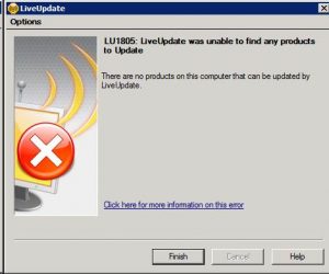 Backup Exec 2010 Live Update Error: LU1805: LiveUpdate was unable to find any products to Update